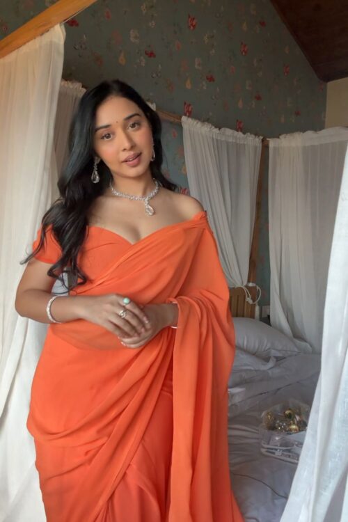 Orange Color, Plain Elegant  Georgette Ready To Wear Saree With Unstitched Blouse