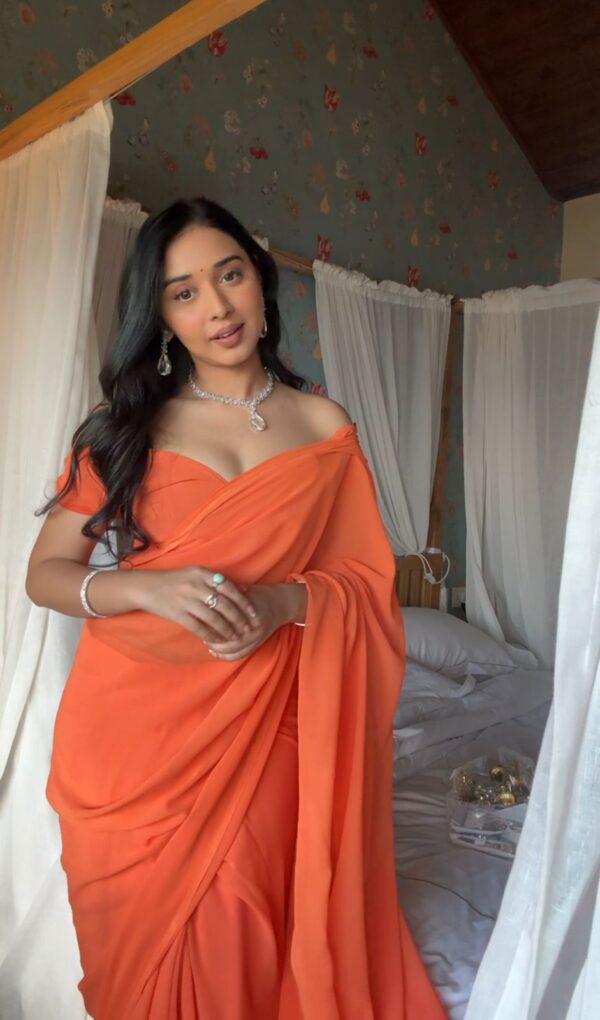 Orange Color, Plain Elegant  Georgette Ready To Wear Saree With Unstitched Blouse