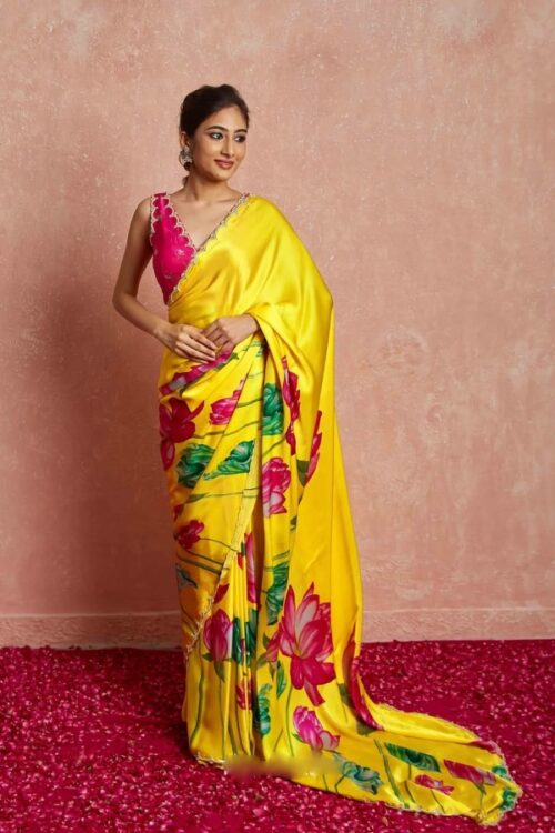 Yellow Color Satin Vibrant Lotus Floral Prints Ready To Wear Saree With Stitched Blouse