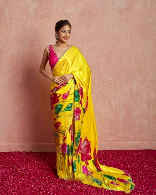 Yellow Color Satin Vibrant Lotus Floral Prints Ready To Wear Saree With Stitched Blouse