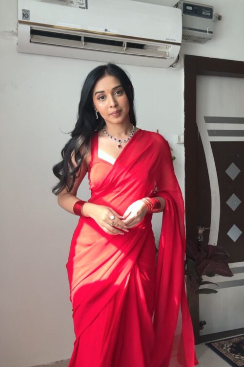 Red Color,Plain Elegant Georgette Ready To Wear Saree With Unstitched Blouse