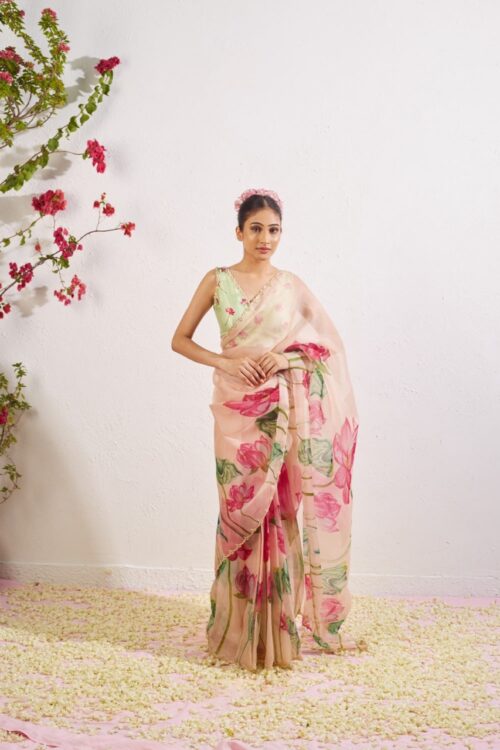 Peach Color Organza Vibrant Lotus Floral Prints Ready To Wear Saree With Stitched Blouse