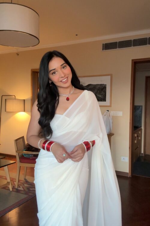 White Color,Plain Elegant Georgette Ready To Wear Saree With Unstitched Blouse