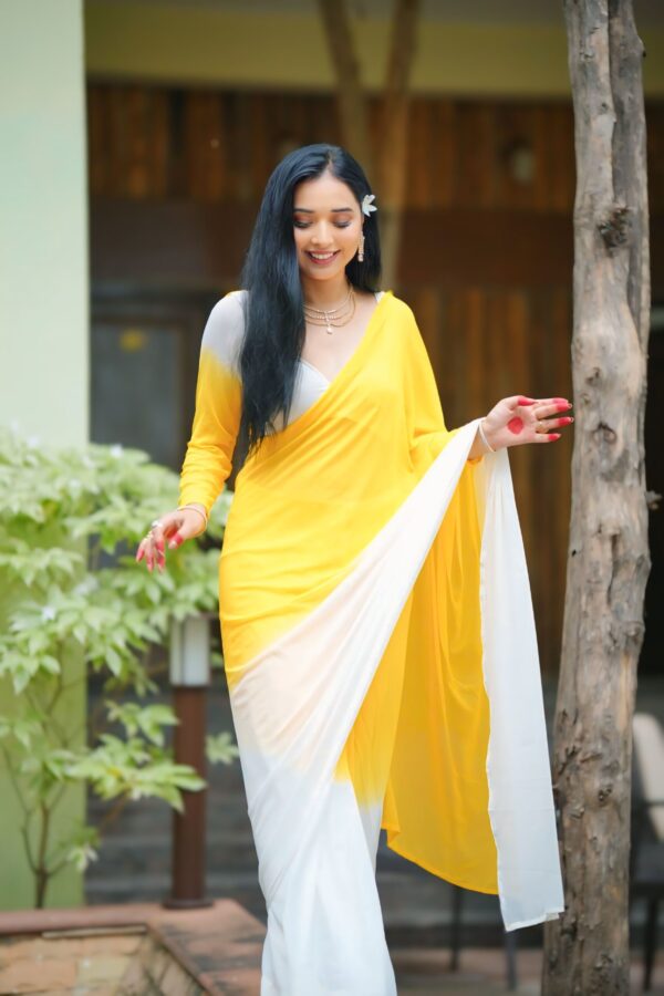 Yellow And White Ready To Wear Saree With Designer Unstitched Blouse - Image 3