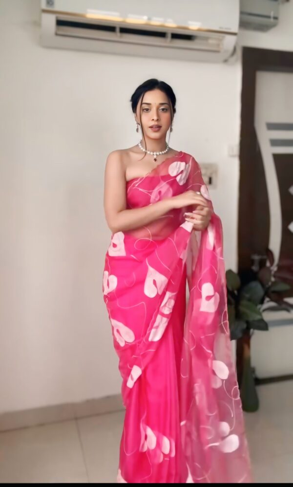 Pink White Abstract Floral Print Ready To Wear Saree With Designer Unstitched Blouse - Image 3