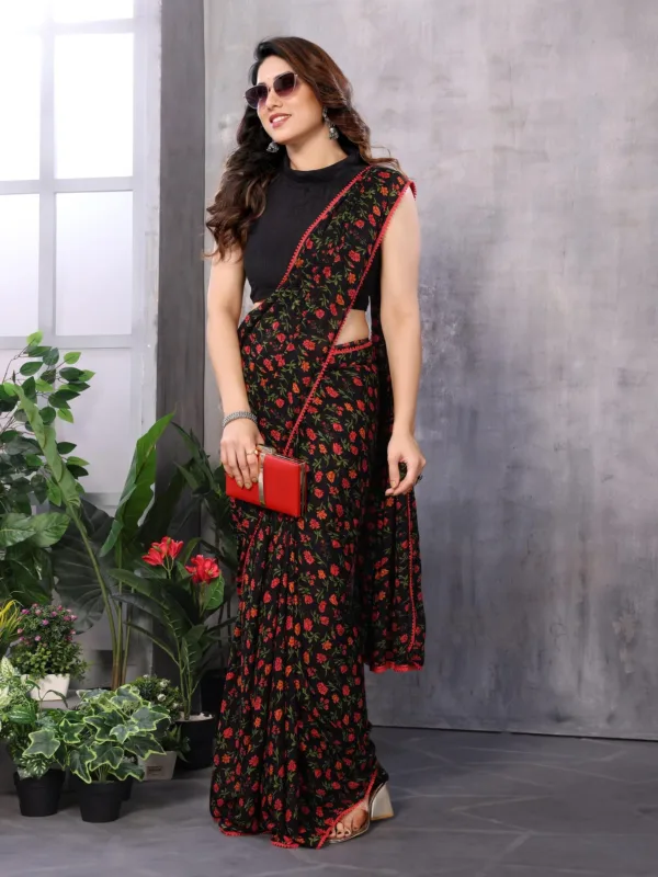 Black Georgette Red And Green Floral Prints Ready To Wear Saree  With Unstitched Blouse