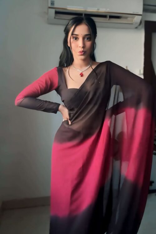 Maroon And Black Color Ombre Saree,Flowy Drape Georgette Ready To Wear Saree With Unstitched Blouse