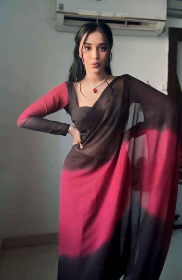 Maroon And Black Color Ombre Saree,Flowy Drape Georgette Ready To Wear Saree With Unstitched Blouse
