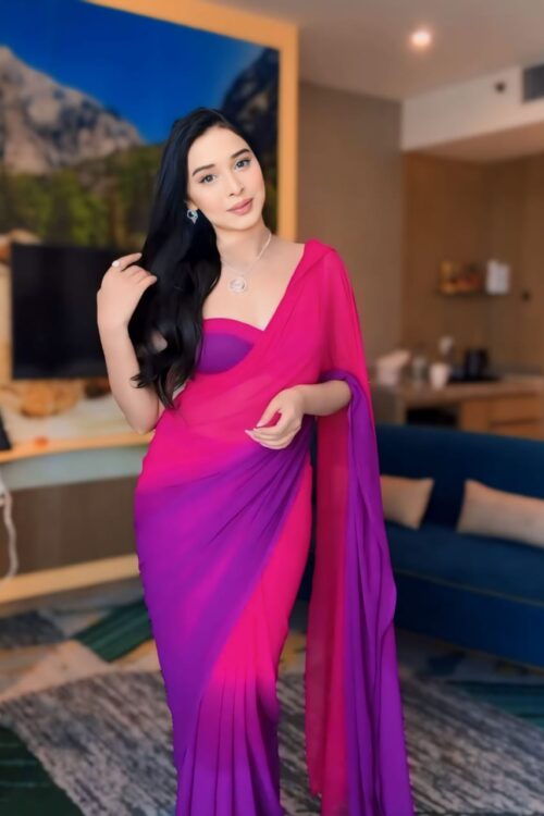 Pink And Purple Color Ombre Saree,Flowy Drape Georgette Ready To Wear Saree With Unstitched Blouse