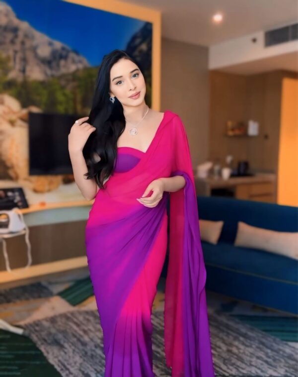 Pink And Purple Color Ombre Saree,Flowy Drape Georgette Ready To Wear Saree With Unstitched Blouse