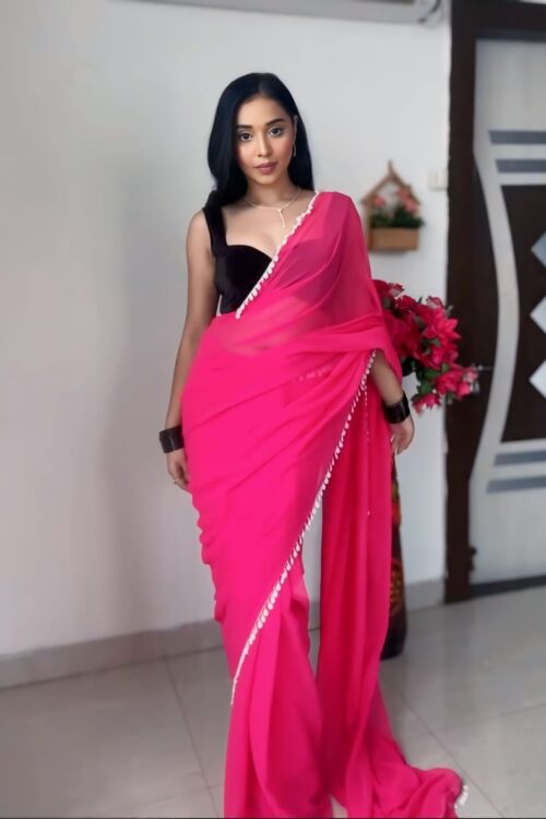 Hot Pink Color Border Solid Design Georgette Ready To Wear Saree With Unstitched Blouse