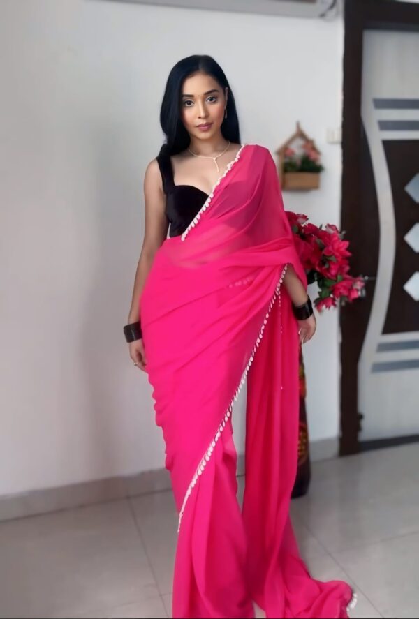 Hot Pink Color Border Solid Design Georgette Ready To Wear Saree With Unstitched Blouse
