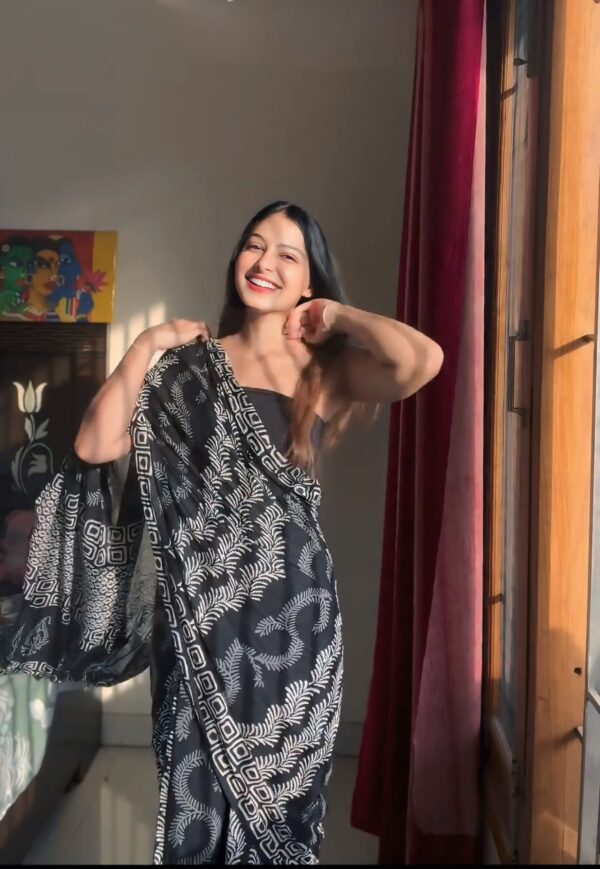 Black Color Soft Linen Handblock-inspired Geometric And Leaf Motifs Ready To Wear Saree With Unstitched Blouse - Image 6