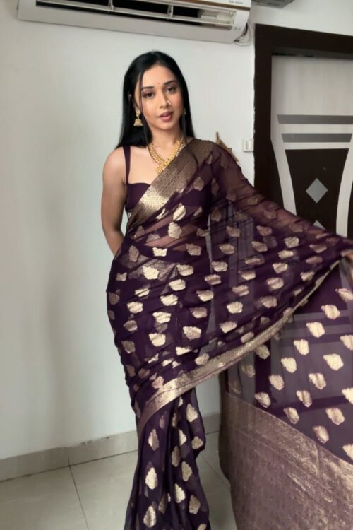 Deep Wine Color Golden Zari Woven Motifs Traditional Cotton Banarasi Ready To Wear Saree With Unstitched Blouse
