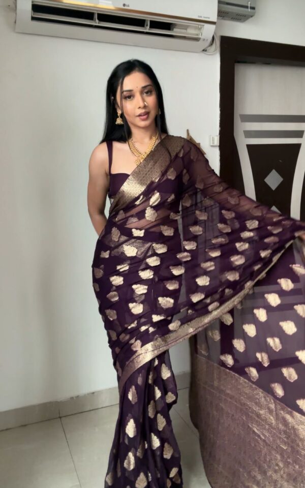 Deep Wine Color Golden Zari Woven Motifs Traditional Cotton Banarasi Ready To Wear Saree With Unstitched Blouse