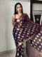 Deep Wine Color Golden Zari Woven Motifs Traditional Cotton Banarasi Ready To Wear Saree With Unstitched Blouse