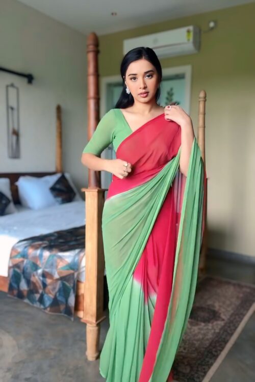 Pink And Leaf Green Georgette Soft Ombré Effect Ready To Wear Saree With Unstitched Blouse