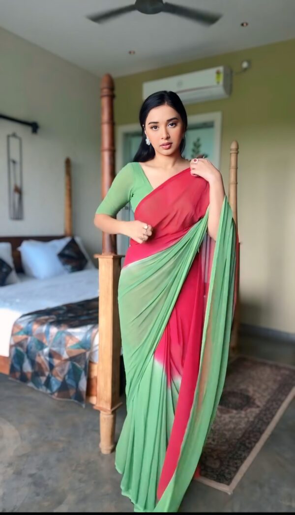 Pink And Leaf Green Georgette Soft Ombré Effect Ready To Wear Saree With Unstitched Blouse