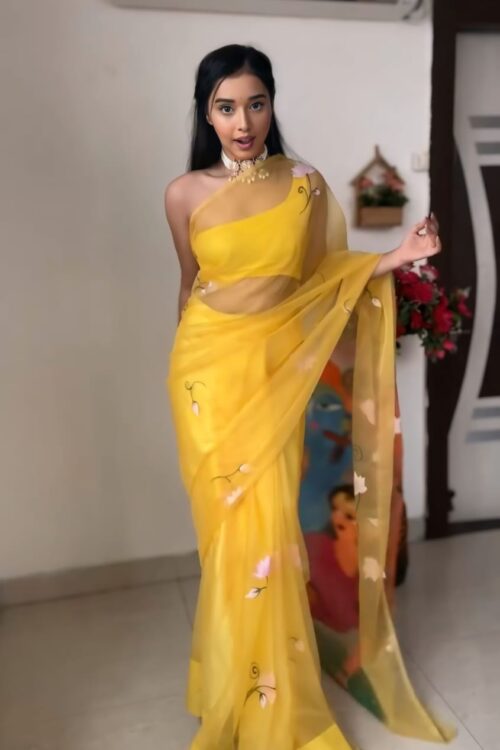 Yellow Color Subtle Floral Ornamentation Colorful Printed Pallu Organza Ready To Wear Saree With Unstitched Blouse
