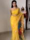 Yellow Color Subtle Floral Ornamentation Colorful Printed Pallu Organza Ready To Wear Saree With Unstitched Blouse