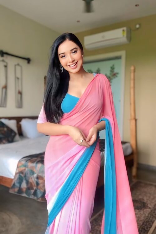 Pink And Sky Blue Georgette Soft Ombré Blend Ready To Wear Saree With Unstitched Blouse