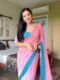 Pink And Sky Blue Georgette Soft Ombré Blend Ready To Wear Saree With Unstitched Blouse