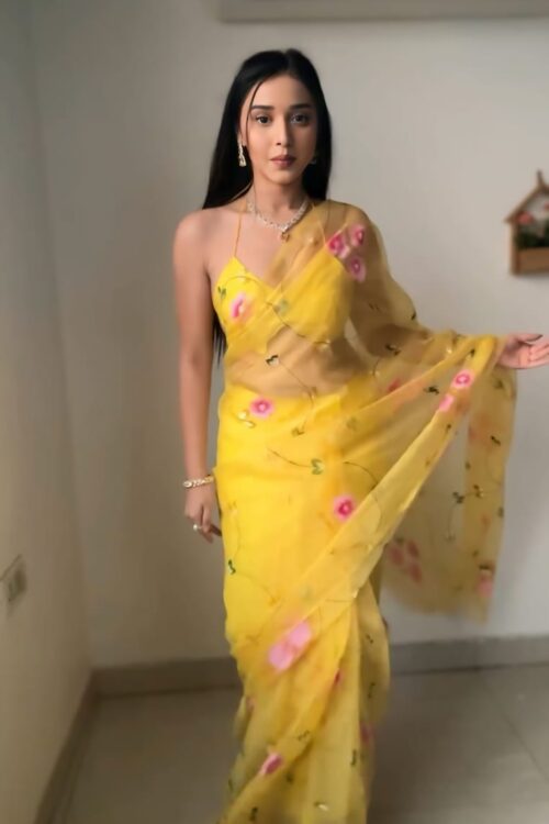 Yellow Color Floral Pink Floral Design Organza Ready To Wear Saree With Unstitched Blouse