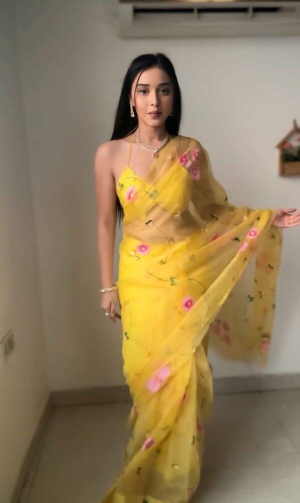 Yellow Color Floral Pink Floral Design Organza Ready To Wear Saree With Unstitched Blouse