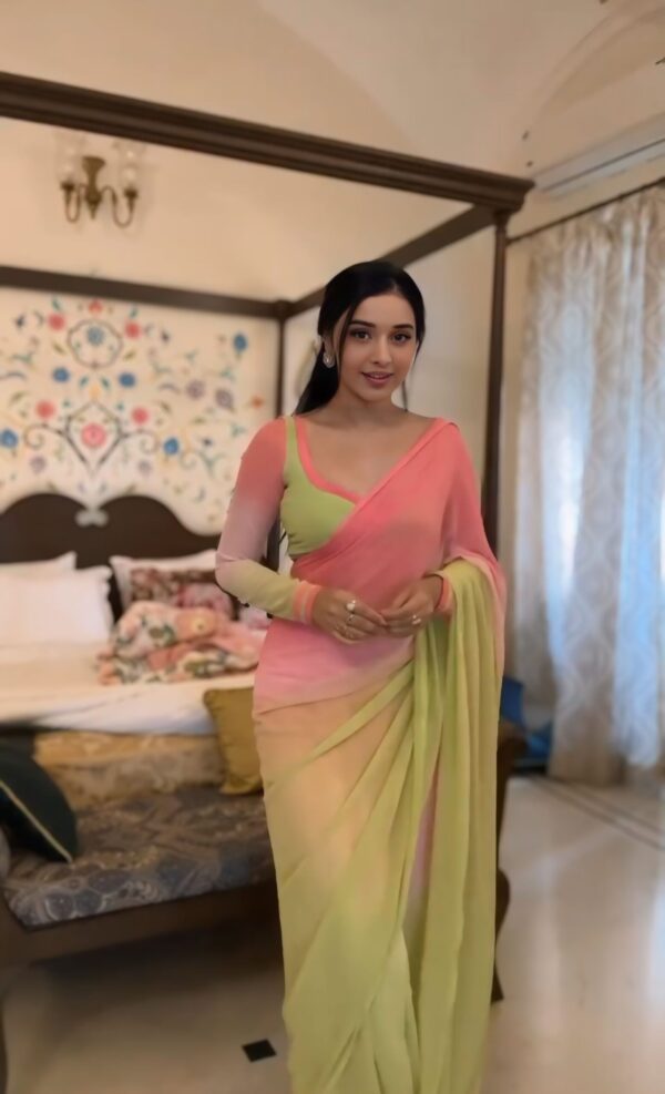 Pastel Yellow And Pink Shades Georgette Soft Ombré Blend Ready To Wear Saree With Unstitched Blouse