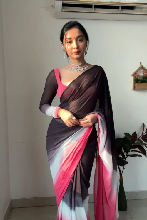 Black, Grey, White, And Pink Color Ombre Saree Georgette Ready To Wear Saree With Unstitched Blouse