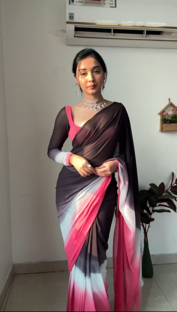 Black, Grey, White, And Pink Color Ombre Saree Georgette Ready To Wear Saree With Unstitched Blouse
