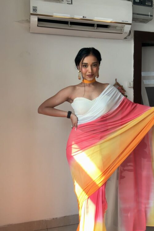 White, Pink, Yellow, And Orange Color Ombre Saree Georgette Ready To Wear Saree With Unstitched Blouse