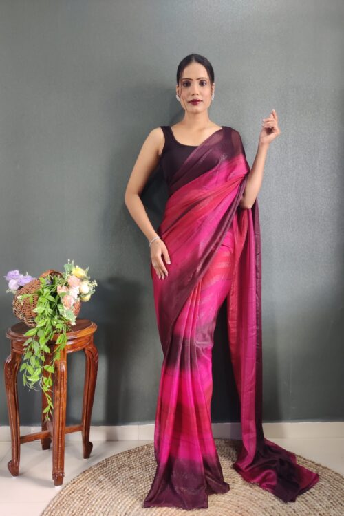 Magenta And Wine Shades Georgette Soft Ombré Pattern Ready To Wear Saree With Unstitched Blouse