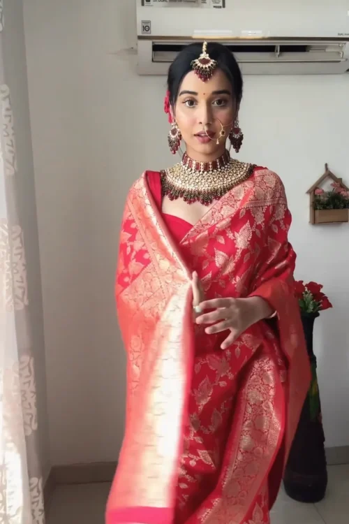 Red Banarasi Silk Saree With Rich Golden Zari Ready To Wear Saree With Unstitched Blouse