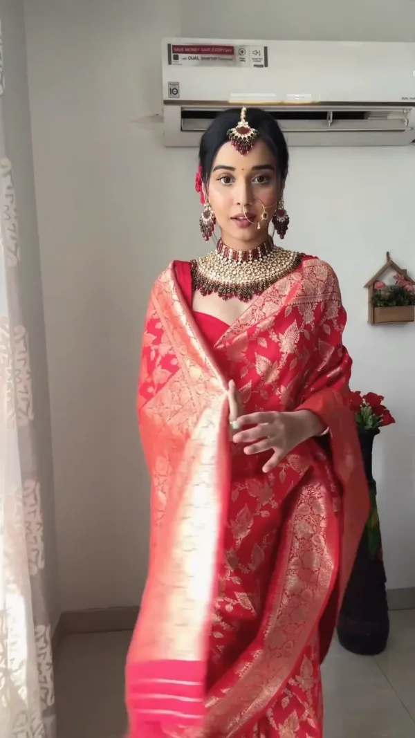 Red Banarasi Silk Saree With Rich Golden Zari Ready To Wear Saree With Unstitched Blouse