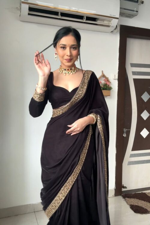 Black Color Golden Sequin Border Velvet Ready To Wear Saree With Unstitched Blouse (Copy)