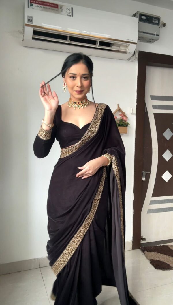 Black Color Golden Sequin Border Velvet Ready To Wear Saree With Unstitched Blouse (Copy)