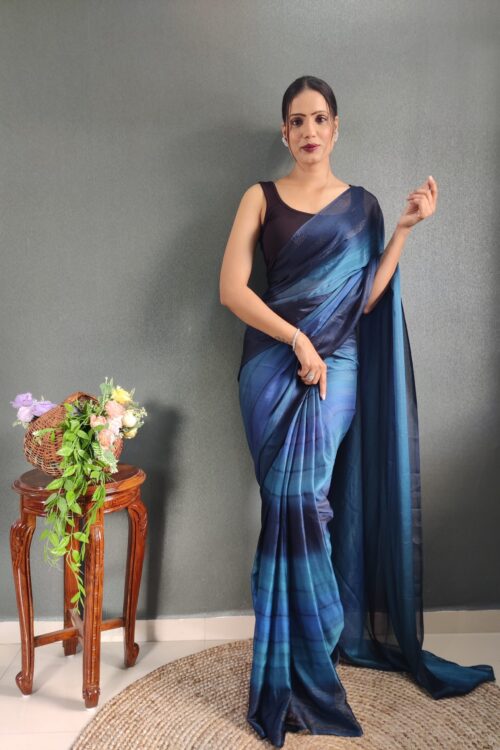 Deep Navy To Teal Shades Georgette Soft Ombré Pattern Ready To Wear Saree With Unstitched Blouse