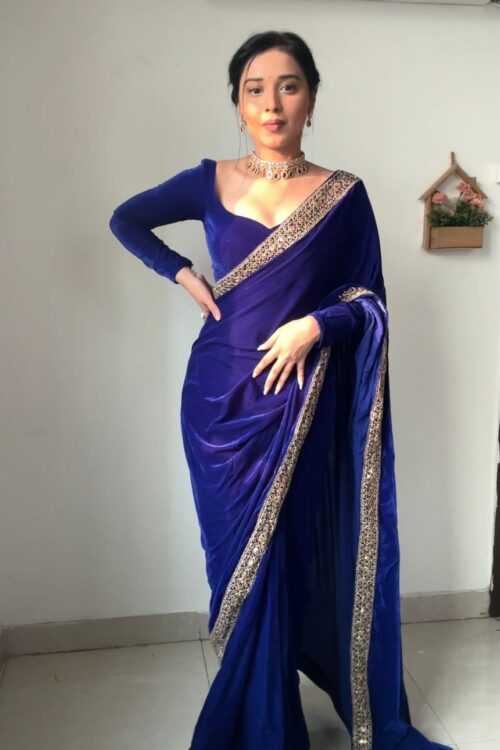 Blue Color Golden Sequin Border Velvet Ready To Wear Saree With Unstitched Blouse