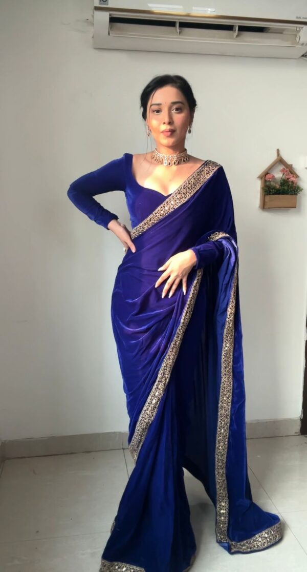 Blue Color Golden Sequin Border Velvet Ready To Wear Saree With Unstitched Blouse