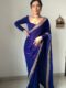 Blue Color Golden Sequin Border Velvet Ready To Wear Saree With Unstitched Blouse