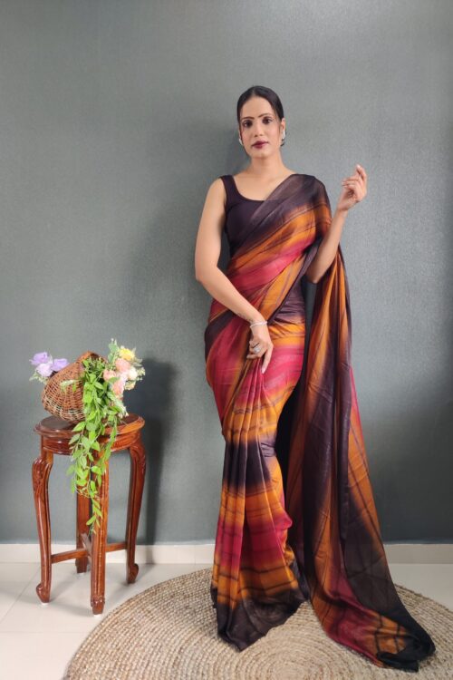 Burnt Orange, Deep Maroon Shades Georgette Soft Ombré Pattern Ready To Wear Saree With Unstitched Blouse