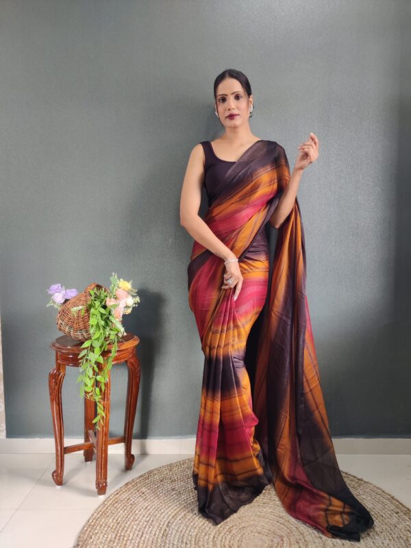 Burnt Orange, Deep Maroon Shades Georgette Soft Ombré Pattern Ready To Wear Saree With Unstitched Blouse