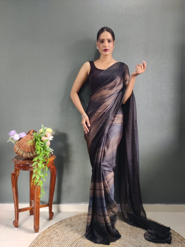 Charcoal Black And Ash Brown Shades Georgette Soft Ombré Pattern Ready To Wear Saree With Unstitched Blouse - Image 4