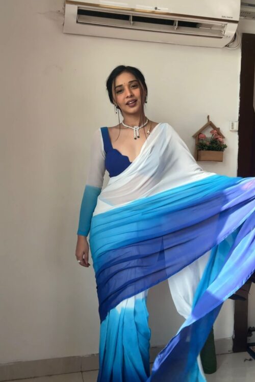 White To Blue Color Ombre Saree Georgette Ready To Wear Saree With Unstitched Blouse