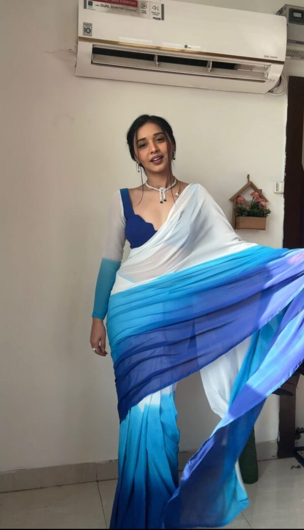 White To Blue Color Ombre Saree Georgette Ready To Wear Saree With Unstitched Blouse