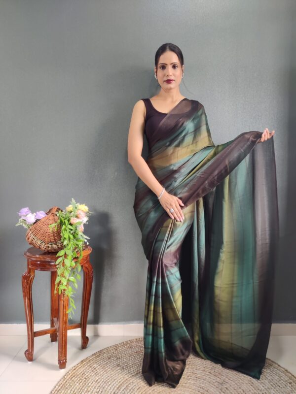 Forest Green, Olive, And Deep Brown Georgette Soft Ombré Pattern Ready To Wear Saree With Unstitched Blouse