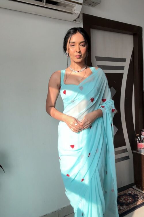 Pastel Blue Color Red And Silver Heart Motifs Georgette Ready To Wear Saree With Unstitched Blouse