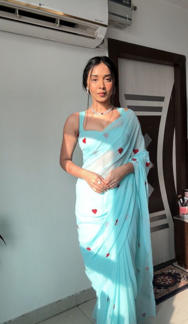 Pastel Blue Color Red And Silver Heart Motifs Georgette Ready To Wear Saree With Unstitched Blouse
