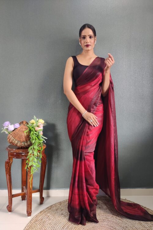 Wine Red To Deep Maroon Georgette Soft Ombré Pattern Ready To Wear Saree With Unstitched Blouse